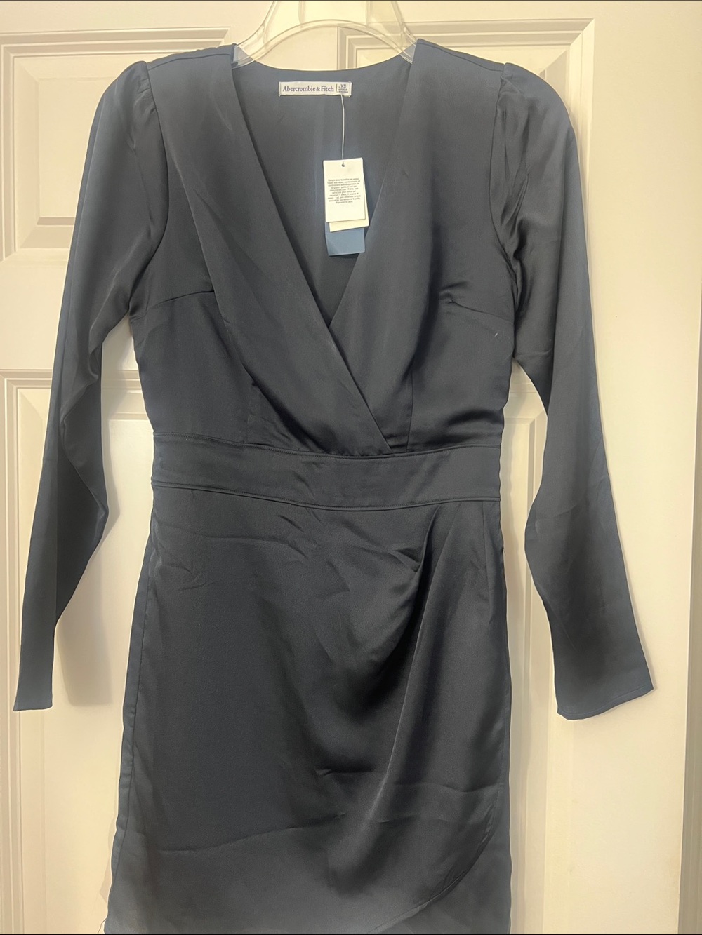 Abercrombie & Fitch Black Satin Surplice Long Sleeve Dress, NWT, size XS